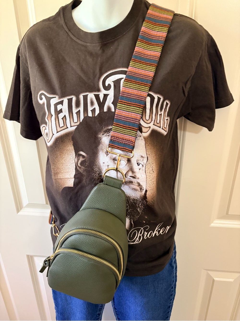 Unisex Olive Green Leather Sling Bag with Multicolor guitar Straps